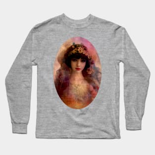 Vintage Style Portrait of Beautiful Woman in Pink & Lavender Long Sleeve T-Shirt